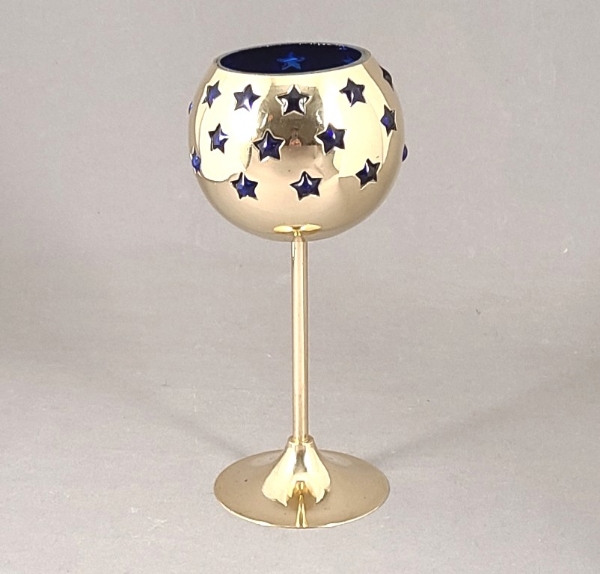 Picture of Set/4 Brass Votive Holder Star Cutouts with Blue Glass Liner | 4"Dx9"H | Item No. 90518