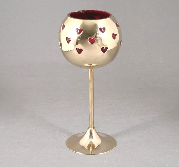 Picture of Set/4 Brass Votive Holder Heart Cutouts with Red Glass Liner | 4"Dx9"H | Item No. 90519