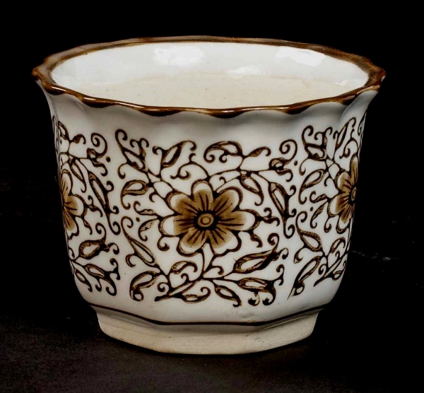 Picture of  Set/6 White Ceramic Planter BROWN Floral Print Scalloped Rim Set/4  | 5"Dx3.5"H |  Item No. 71506