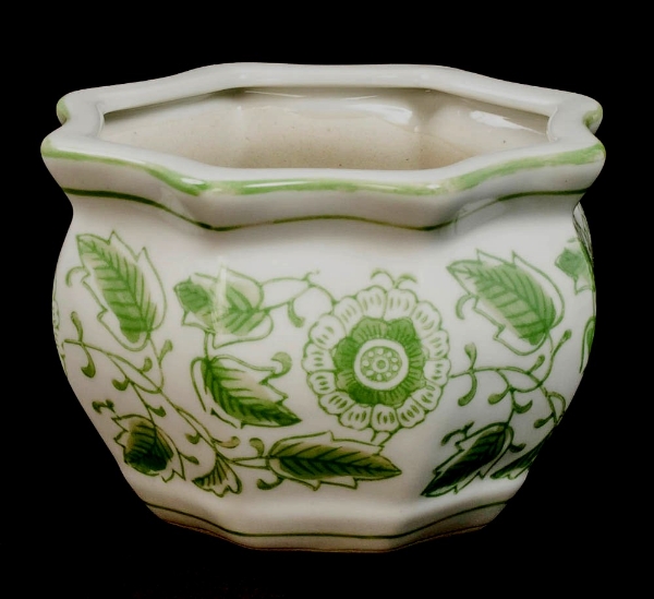 Picture of  Set/6 White Ceramic Planter GREEN Floral Print Octagonal  | 5"Wx3.5"H |  Item No. 71308