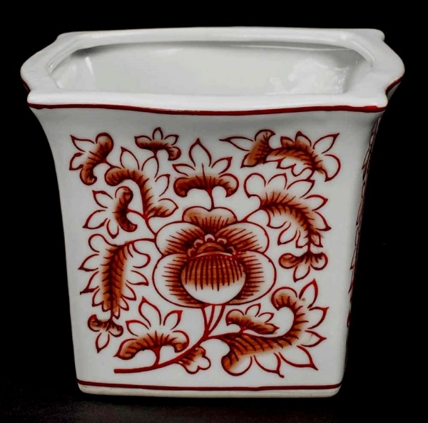 Picture of  Set/4 White Ceramic Planter RED Floral Print  Square  | 5.75"Wx4.5"H |  Item No. 71410