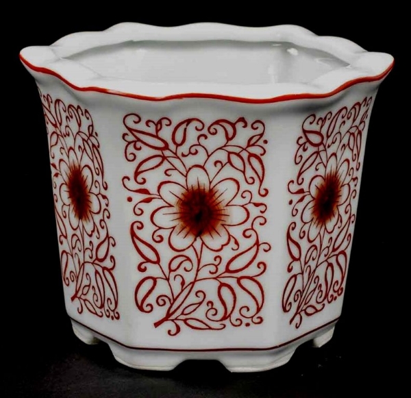 Picture of Set/4 White Ceramic Planter RED Floral Print Hexagonal   | 6"Wx4.75"H |  Item No. 71411