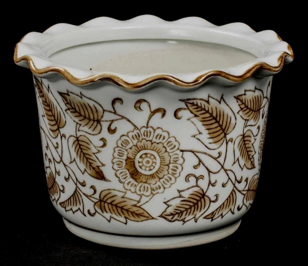Picture of Set/4 White Ceramic Planter BROWN Floral Print Round Wavy Top  | 6"Dx4"H |  Item No. 71512