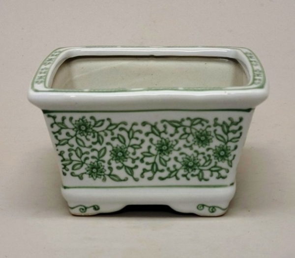 Picture of Set/4 White Ceramic Planter GREEN Floral Print Square | 6"W x 3.5"H |  Item No. 71313M