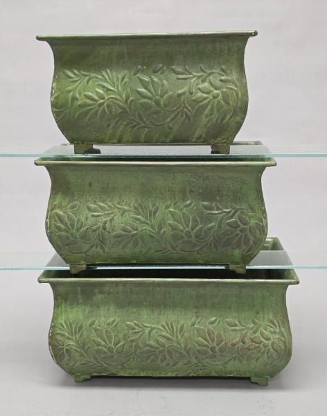 Picture of Green Patina on Brass Planter Rectangle Embossed Design 4-Legs  Nested Set /3  | 12"-14"-16"Long |  Item No. K78116