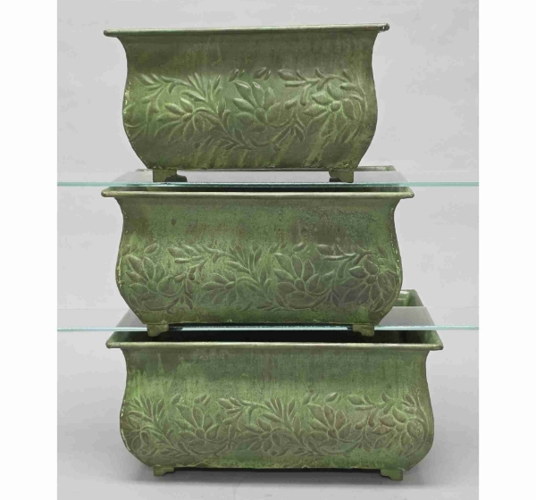 Picture of Green Patina on Brass Planter Rectangle Embossed Design 4-Legs  Nested Set /3  | 12"-14"-16"Long |  Item No. K78116
