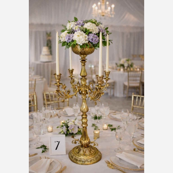 Picture of  Candelabra Antique Gold on Brass 4 Light & Bowl 16.5"W x 38"H  Item No. K37666  FREE SHIPPING
